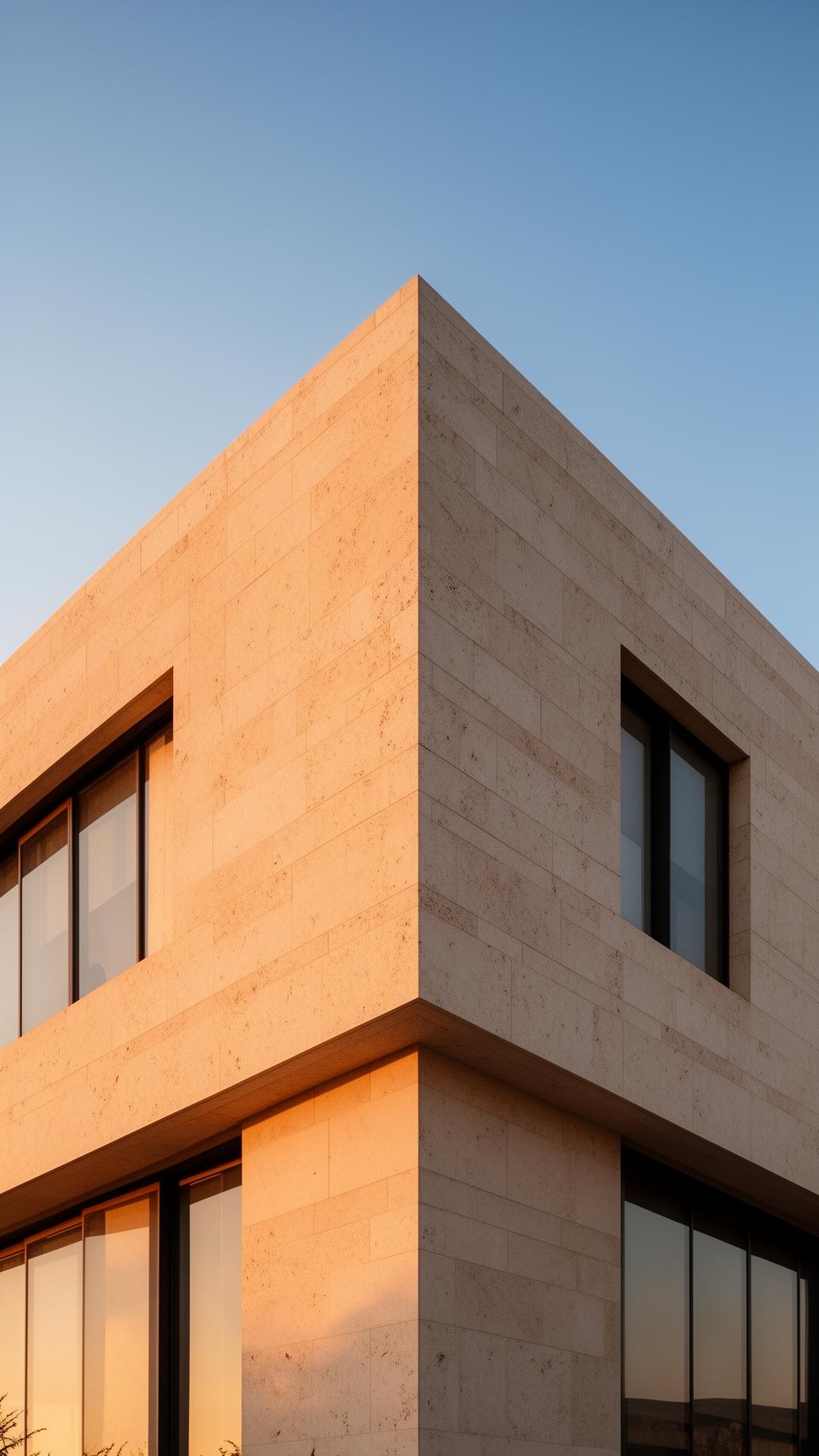 Warm sunlit limestone office building corner